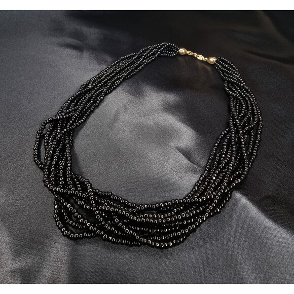Vintage 1970s Trifari Necklace Multi Strand Black Bead Choker - Picture 1 of 5